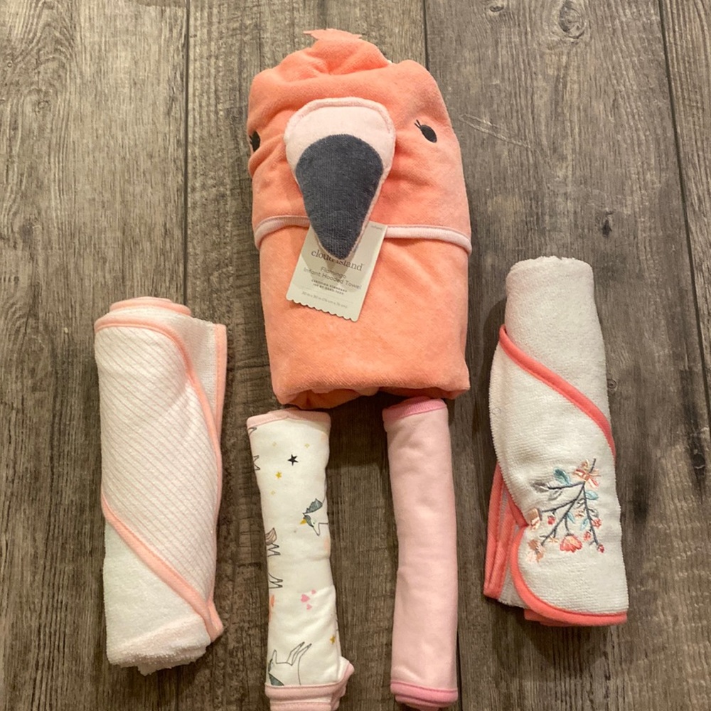 Baby girl hooded towels (3) Target brand. Burp cloths (2)